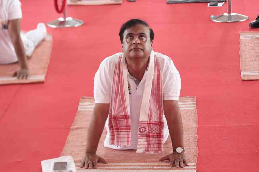 Himanta Biswa Sarma at Salbari in Baska district on International Yoga Day.
