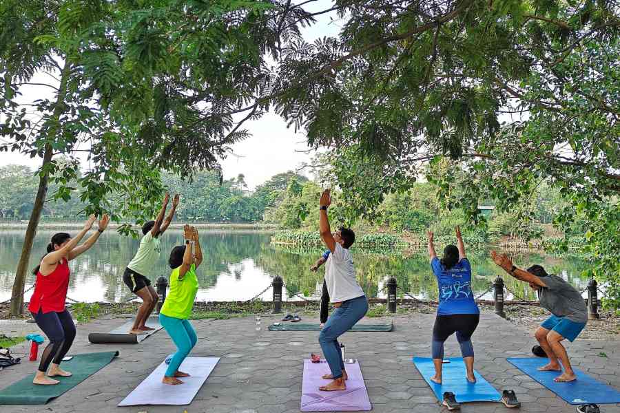 A yoga session at Rabindra Sarobar