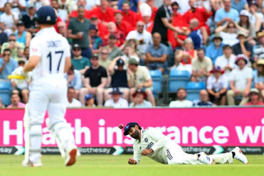 Ravindra Jadeja, after shelving a catch at point that gave a reprieve to Ben Duckett in Leeds on Saturday. (Reuters)