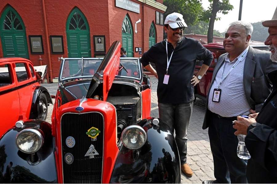 Gooptu with his Ford at the Classic Drivers Club Vintage and Classic Car and Bike Show 2024 at Alipore Museum
