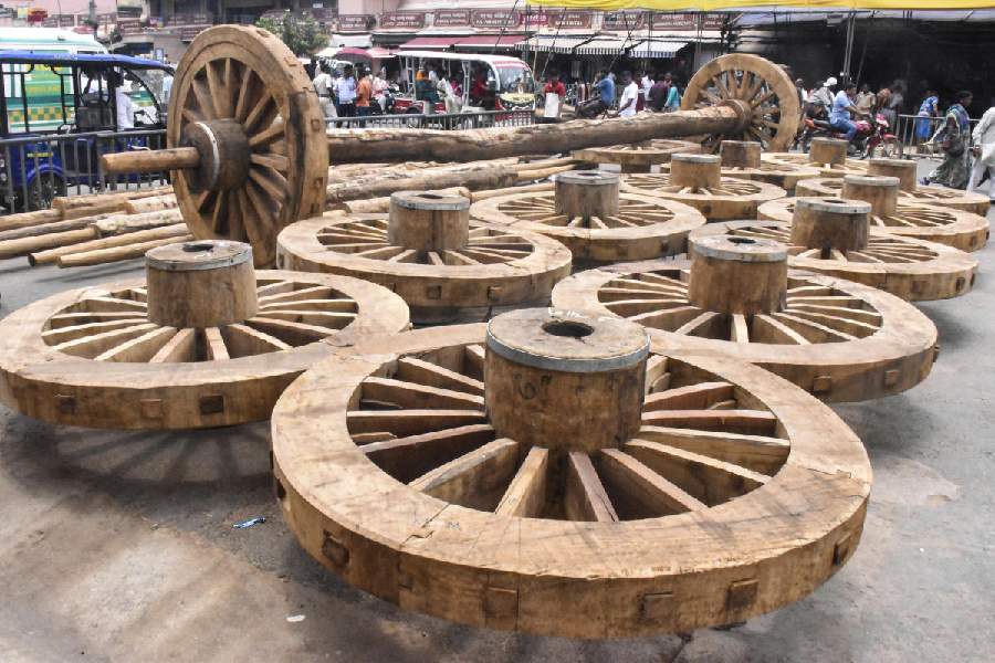 Construction of wheels for the chariots underway ahead of the Rath Yatra festival