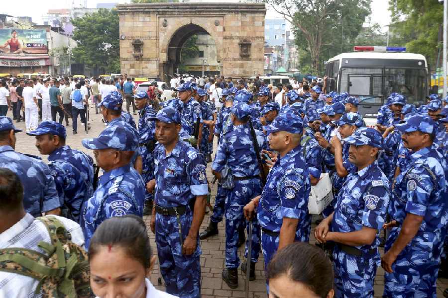Rapid Action Force (RAF) personnel deployed outside the Jagannath Temple ahead of the 148th annual Rath Yatra procession in Ahmedabad