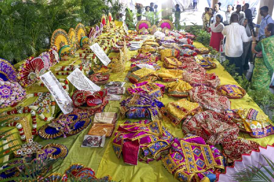 Devotees gather for the Mameru Darshan of Lord Jagannath, Balabhadra and sister Subhadra, adorned in new clothes and jewellery offered by their maternal uncle, as part of preparations