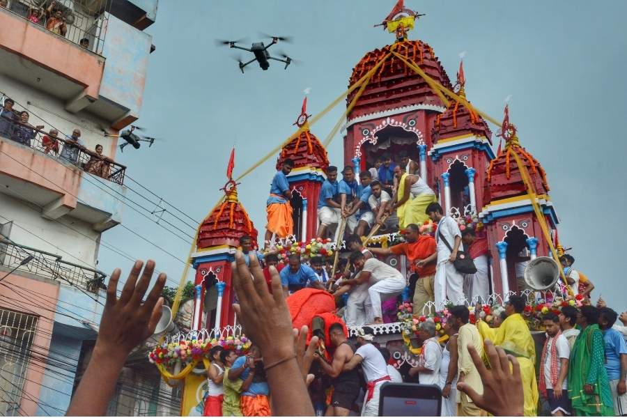 Drones fly over the chariot at the Rath Yatra festival at Mahesh, in Serampore
