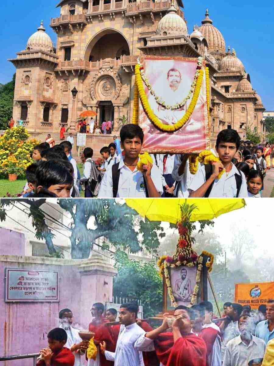 The 190th birth anniversary of Ramakrishna Paramahansa Dev saw celebrations at (top) Ramakrishna Mission and Math, Belur, and at (below) Narendrapur Ramakrishna Mission, on Saturday 