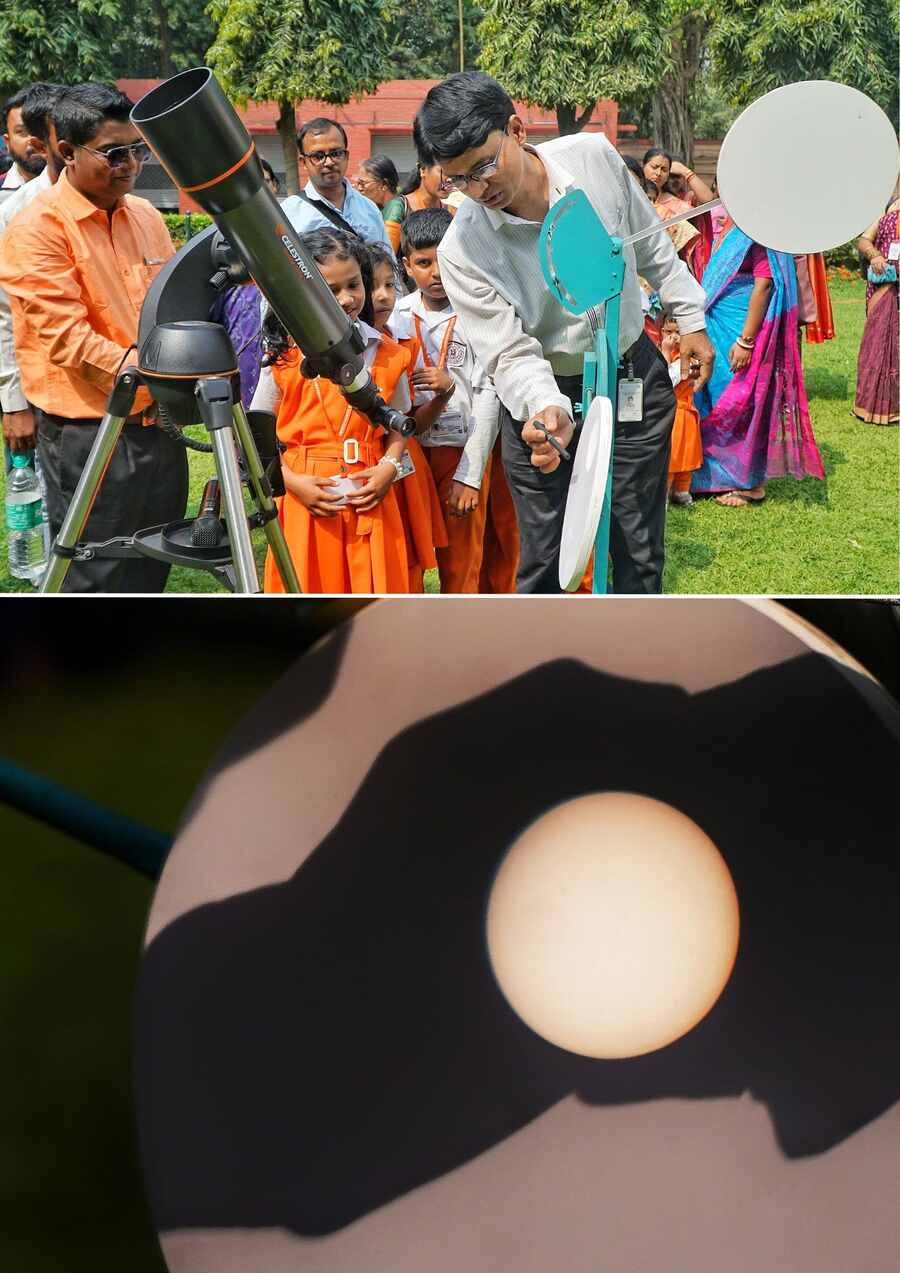 Students engage in a daytime astronomy lesson on National Science Day on February 28 at Birla Industrial and Technological Museum. Floral tributes were paid to CV Raman’s bust too  