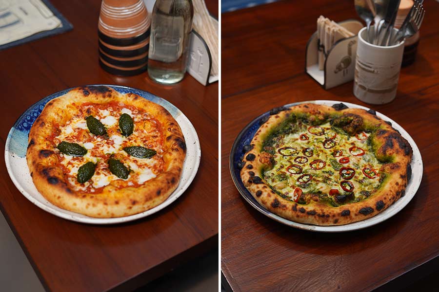 Classic flavour lovers looking for vegetarian options can dig into the (left) basil margherita pie or the (right) chilli-garlic basil pesto pizza