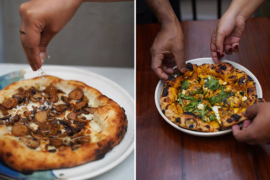 If you are in the mood for something unconventional, there are some interesting flavour pairings, like (left) the black truffle and mushroom, (right) the brown butter, pumpkin and sage, and the potato, blue cheese, hot honey pies. The pizza menu will only be available for dining in at the Boshar Ghor (cafe) and for takeaways