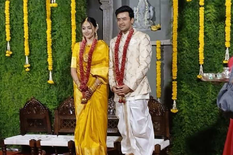 Sivasri Skandaprasad (left) and Tejasvi Surya (right) at their wedding ceremony