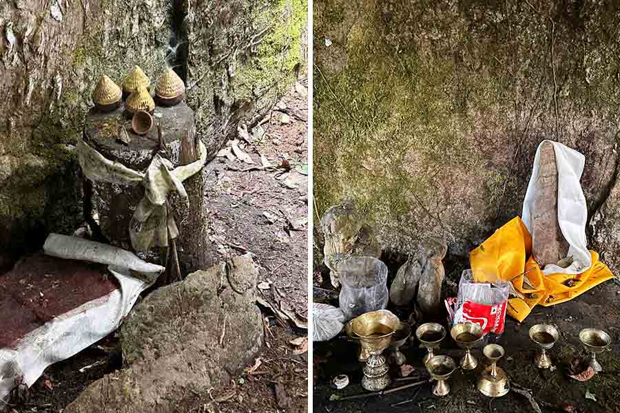 (L) The temple has a wooden stump, atop which a few cone-shaped items are placed. (R) A stone relic is also worshipped