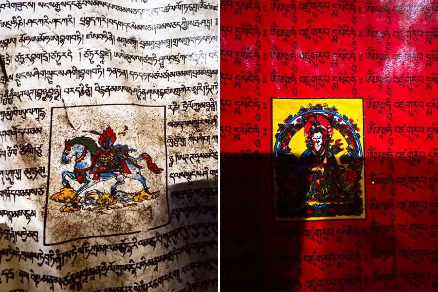 Buddhist prayer flags that have the stamp of time, create a colourful sight