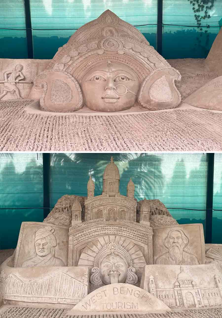 West Bengal finds a spot in his artistic collection with two sand installations. One features Durga Puja and the hand-pulled rickshaw of Kolkata, while the other is themed on West Bengal tourism