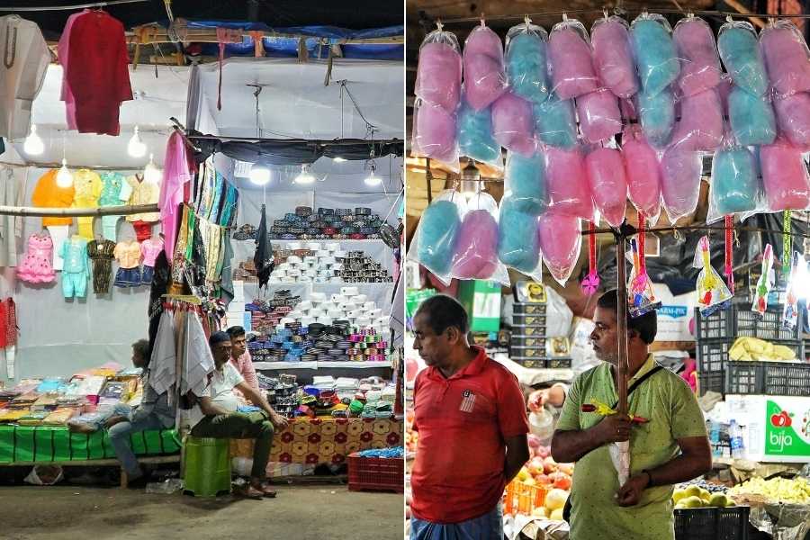 (Left) Skull caps, prayer caps, headwear and stoles on sale, and (right) a vendor selling candy floss