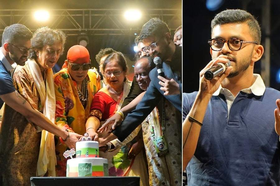 The event started with the artistes cutting a cake to celebrate the birth anniversary of Zakir Hussain. (Right) Meghdut Roy Chowdhury, of Make Calcutta Relevant Again, said, “It’s not easy to pull off a festival that’s a bit niche, because we’re focussed on percussive instruments. To be able to pay tribute to Zakir Hussain through this kind of a festival makes it even more special.”