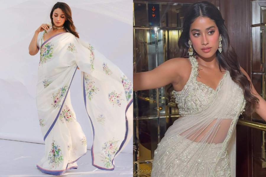 Remember Alia Bhatt’s iconic white sari look for the opening day of Raj Kapoor’s centenary celebrations last December? If you prefer a more glamorous vibe, turn to Janhvi Kapoor’s party-ready look.  