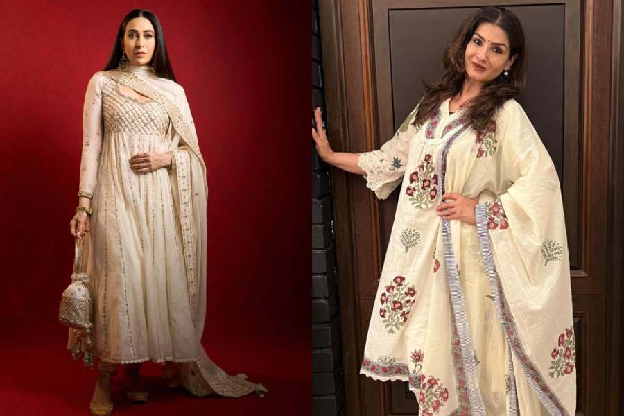Embrace your regal side in an embroidered kurta like Karisma Kapoor’s. If comfort is your priority, Raveena Tandon’s simple yet stylish cotton kurta set is perfect for a day of festivities. 