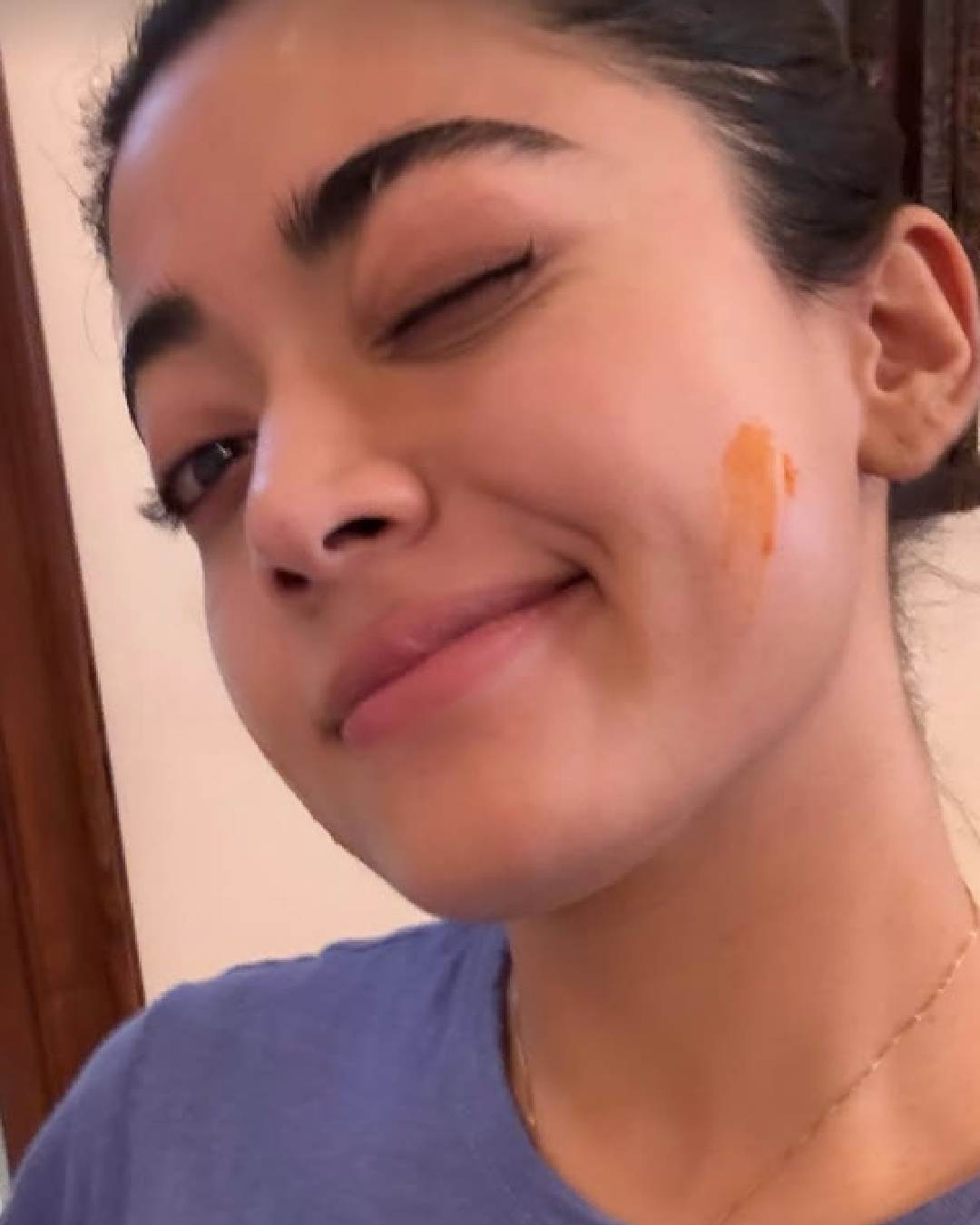 Rashmika Mandanna, who is set to star opposite Salman Khan in Sikandar, shared a selfie. The actress had a dash of yellow gulaal smeared on her left cheek.