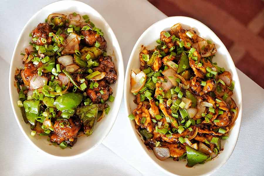 The kitchen has made some tweaks to ‘healthify’ the dishes. For example, the healthy version of the classic chilli chicken (left) is made without any flour coating. The chicken is sliced (right), and instead of deep frying it, it is stir-fried in minimal oil