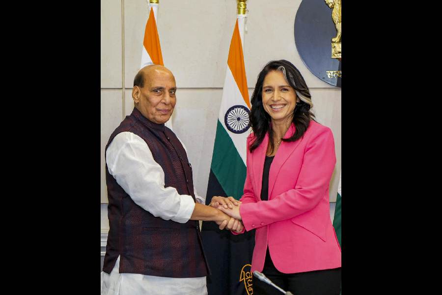 Defence Minister Rajnath Singh during a meeting with USA’s Director of National Intelligence Tulsi Gabbard, in New Delhi.