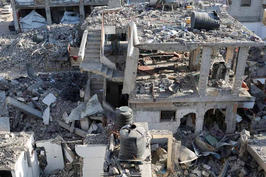 A general view of the site of an Israeli strike on a house, in Khan Younis in the southern Gaza Strip.