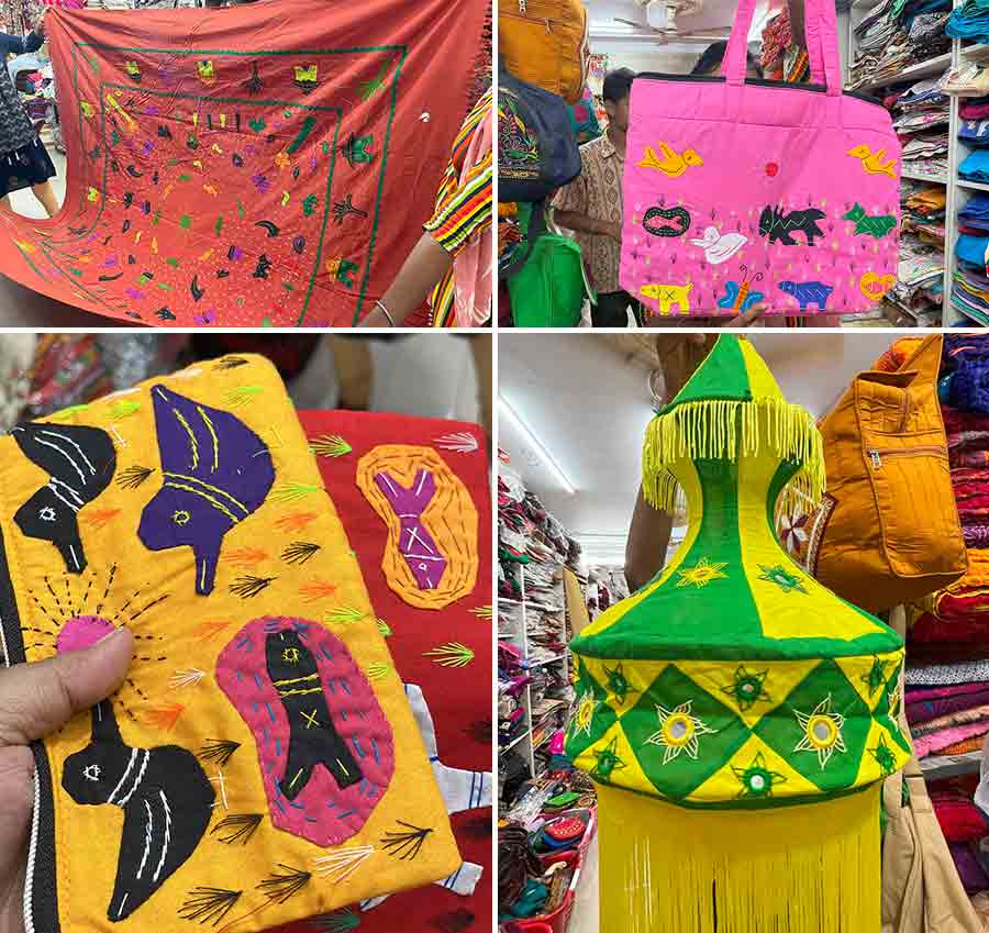 Over the years, the art transcended religious purposes. When this art caught the eye of the British, they started using it as wall hangings. Slowly, applique work was commercialised and it started appearing on bags, saris, dupattas, bed covers, cushion covers, lamps, umbrellas, etc. To justify the tedious work of applique, the prices are slightly higher for the garments. In picture, bed covers start from Rs 2,000, while the price of the lampshades begin at Rs 1,000. Small purses and handbags are between Rs 100 and Rs 300