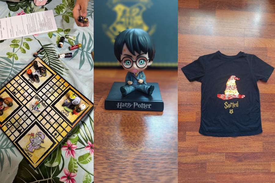 Tia and her parents love collecting Harry Potter memorabilia like card games, legos, t-shirts, quill set and other merch