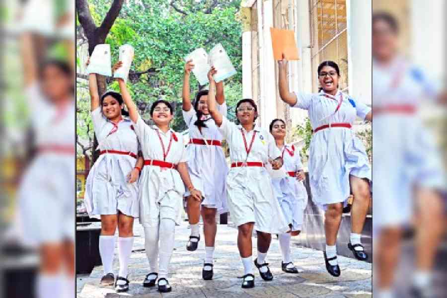 Bethune Collegiate School students celebrate their Madhyamik results on Friday. Picture by Sanat Kr Sinha
