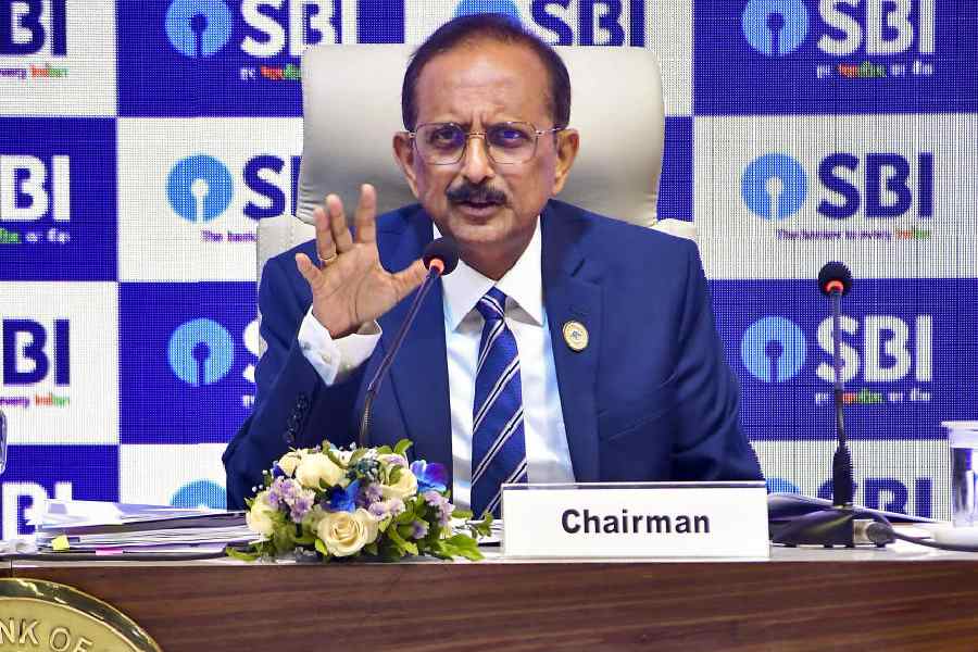 State Bank of India (SBI) Chairman Challa Sreenivasulu Setty addressing the media on results for the fourth quarter ended March 2025, at SBI headquarters, in Mumbai, Saturday.