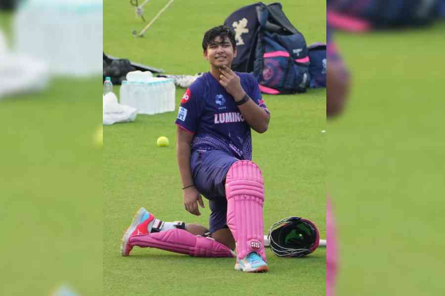 Rajasthan Royals’ Vaibhav Suryavanshi at the Eden on Saturday. (PTI)