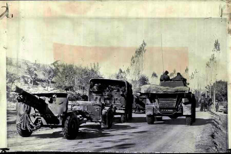 Indian troops on route to Srinagar to safeguard & defend Kashmir from marauding tribal invaders, aided and abetted by Pakistan.