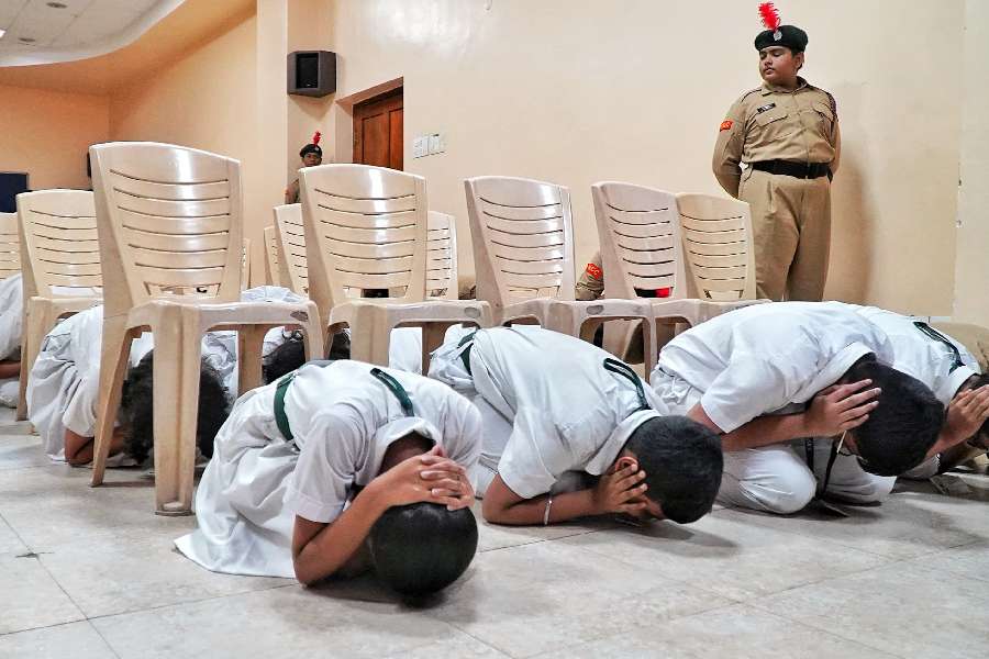 In a classroom at Delhi Public School, students underwent training to be prepared for a hostile situation.  