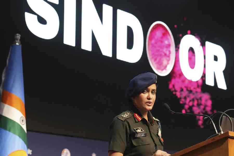 Army officer Col Sofiya Qureshi addresses a press conference regarding 'Operation Sindoor', in New Delhi, Wednesday, May 7, 2025.