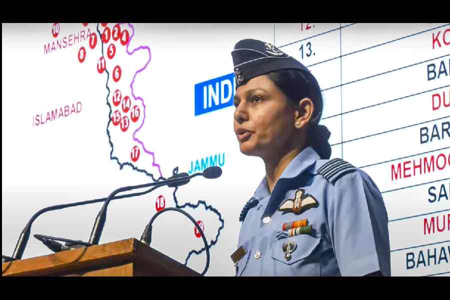 IAF Wing Commander Vyomika Singh addresses the media regarding 'Operation Sindoor', in New Delhi.