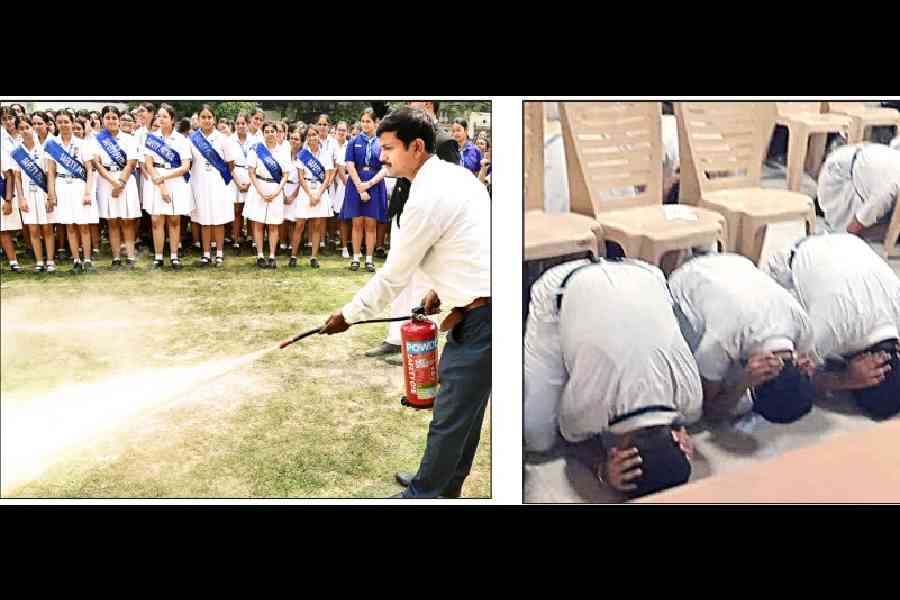 Security drills being conducted at (left, picture by Bishwarup Dutta) La Martiniere for Girls and DPS Ruby Park on Wednesday