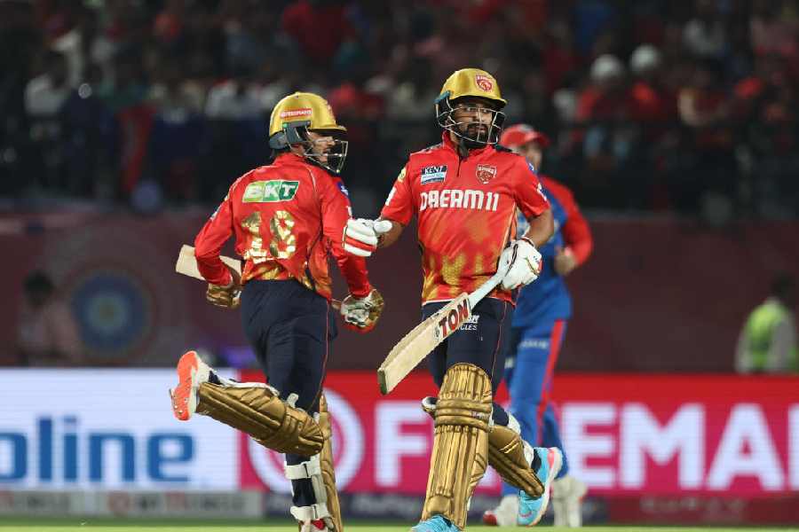 Punjab Kings’ Priyansh Arya and (right) Prabhsimran Singh during the match against Delhi Capitals in Dharamsala on Thursday.