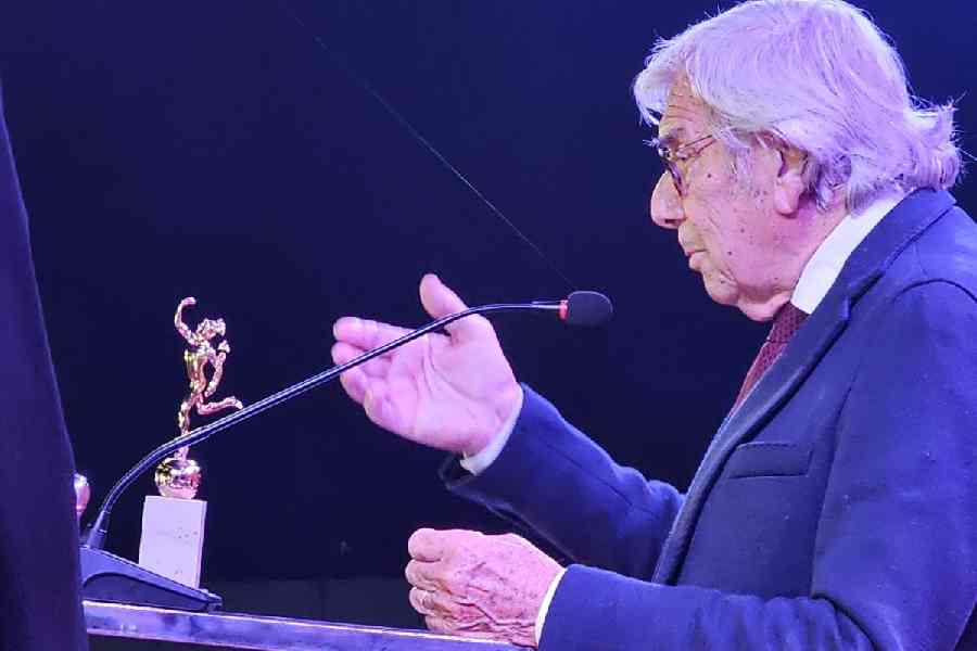 Sergio Scapagnini addresses the gathering with the Gold Mercury Award kept on the lectern.