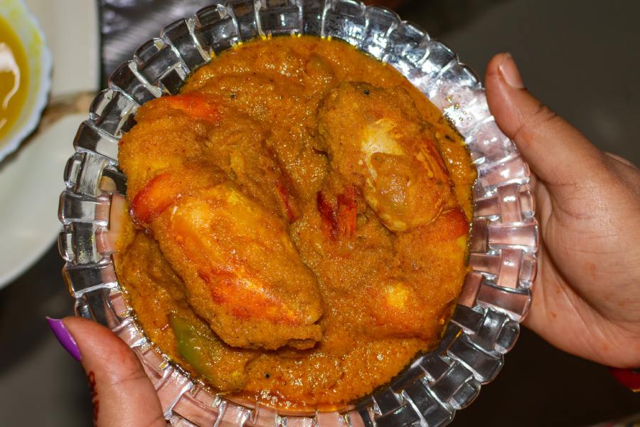 Maitree Chandra Banerjee holds her mother’s golda chingri preparation close to her heart