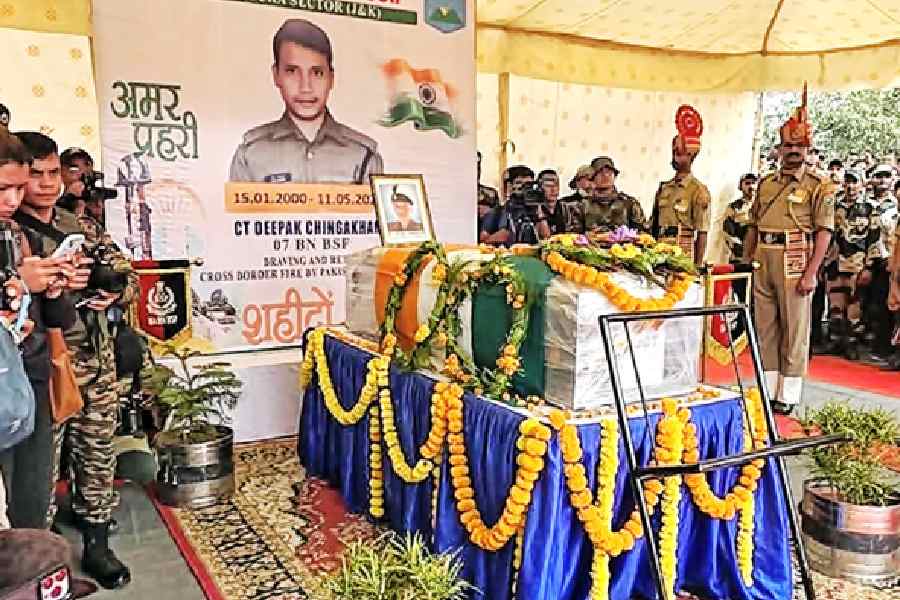 The mortal remains of Deepak Chingakham at the Imphal airport on Tuesday