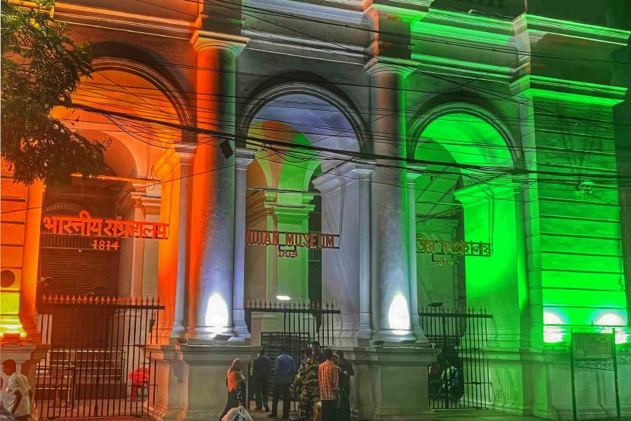 Vibrant saffron, white and green hues illuminated the Indian Museum on Wednesday, creating a head-turning spectacle for the public. The Indian Museum on Jawaharlal Nehru Road in Kolkata is the ninth oldest museum in the world and the oldest in Asia. It is the largest museum in Asia by size of collection