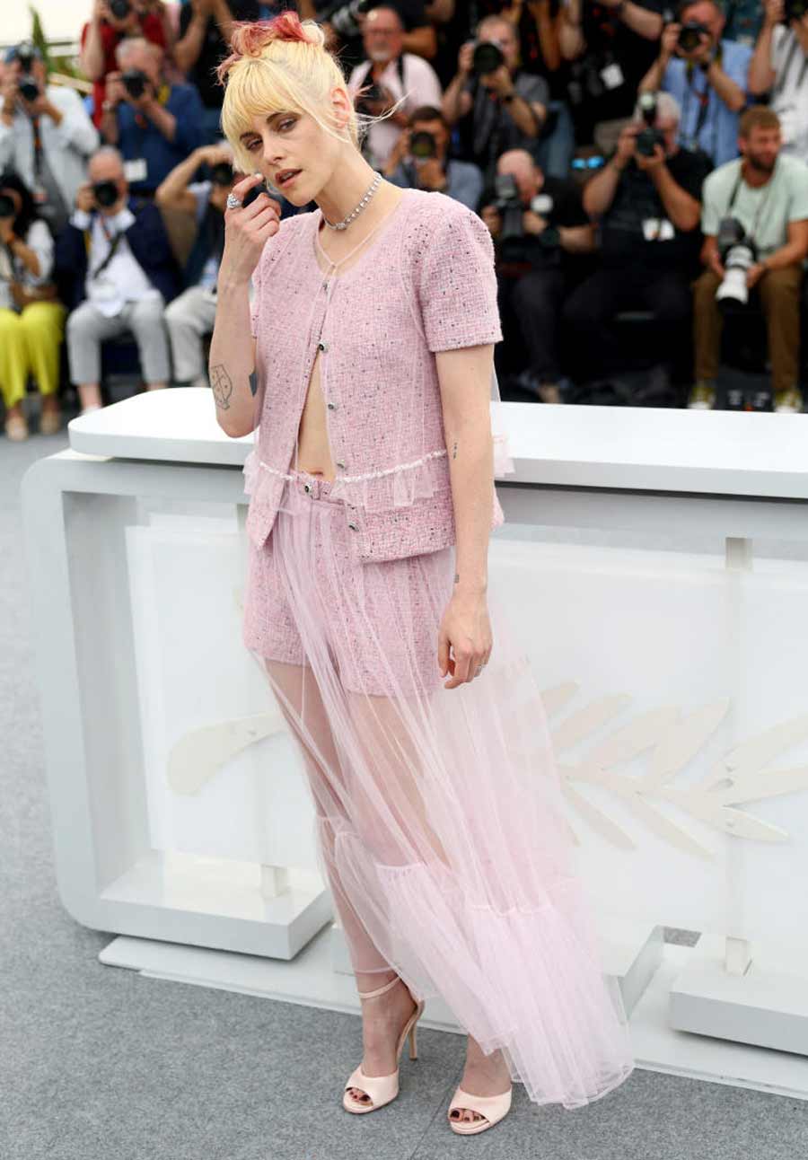 Twilight star Kristen Stewart stunned at the prestigious international festival in a mauve co-ord set. Her outfit comprised a jacket, shorts and a sheer skirt.  