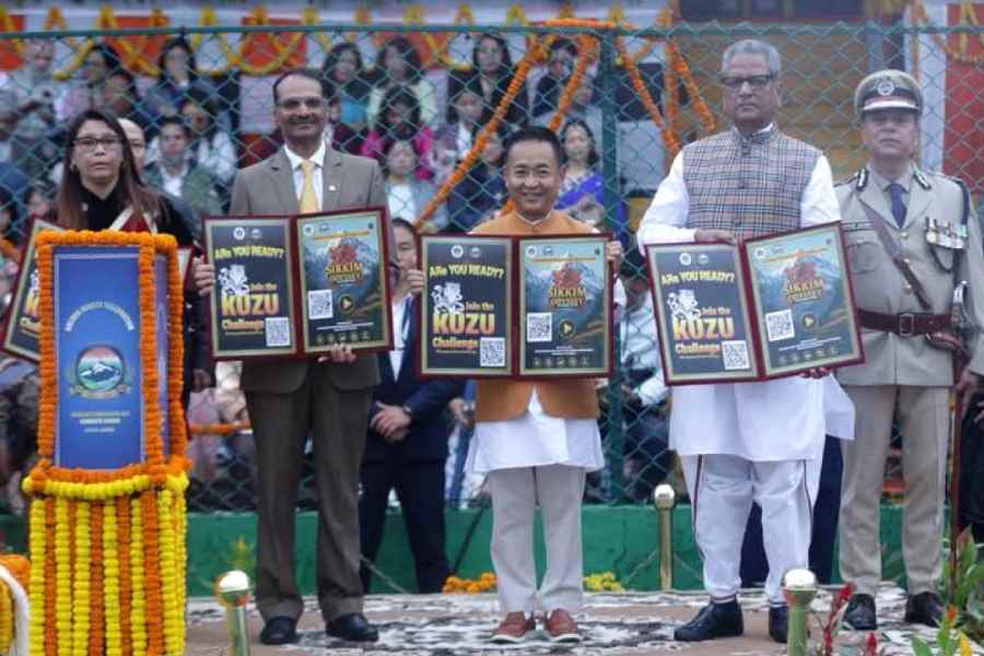 Chief minister PS Tamang and governor Om Prakash Mathur at the Paljor stadium in Gangtok on Friday during the golden jubilee celebration