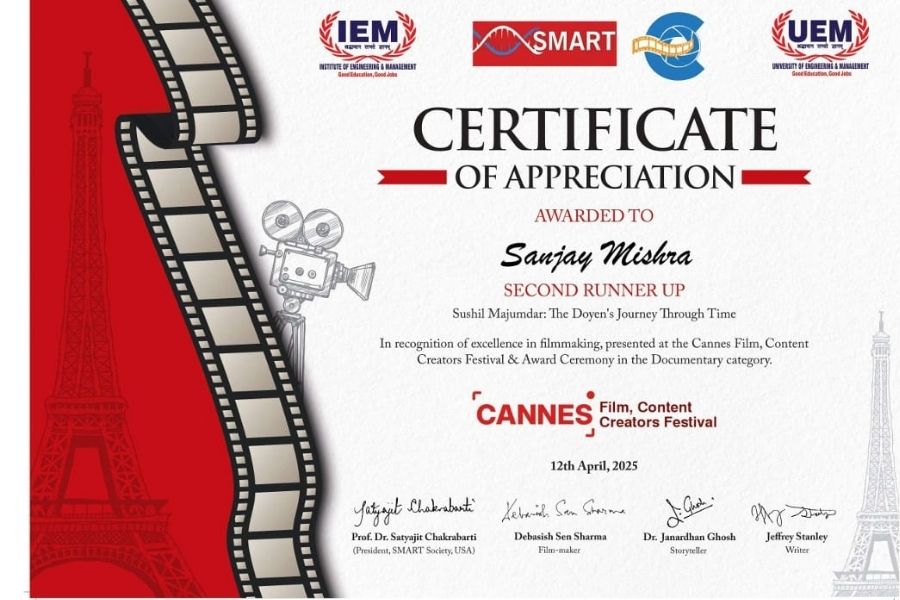 Mishra’s documentary, ‘Sushil Majumdar: The Doyen’s Journey Through Time’, bagged the second runner-up award at the 2025 Cannes Film, Content Creators Festival & Award Ceremony in April