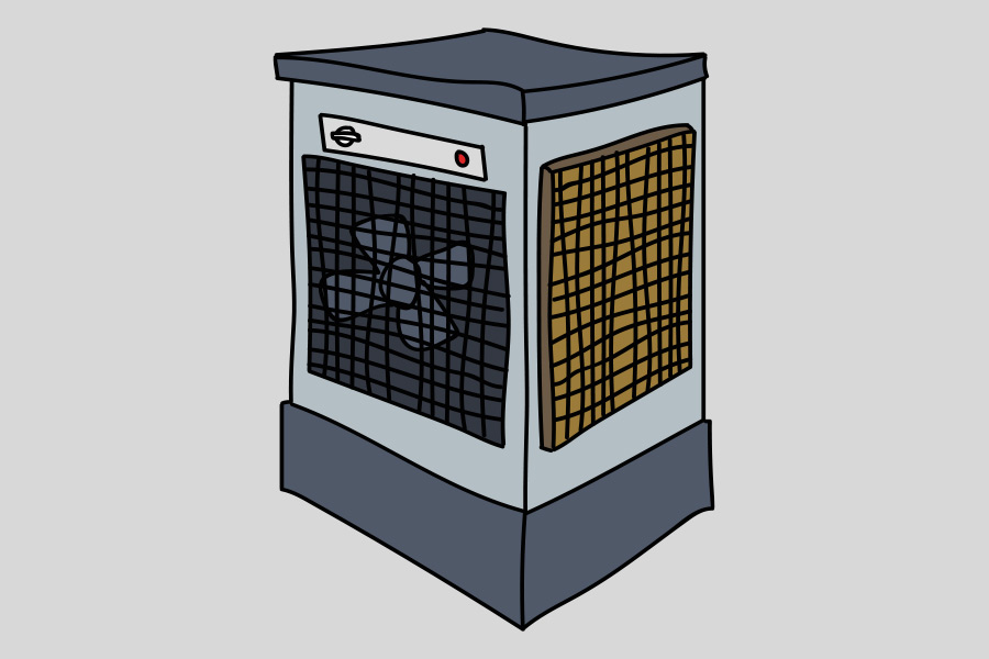 Air coolers function by drawing in ambient air and passing it over water-soaked pads, using the evaporation process to release cooler air