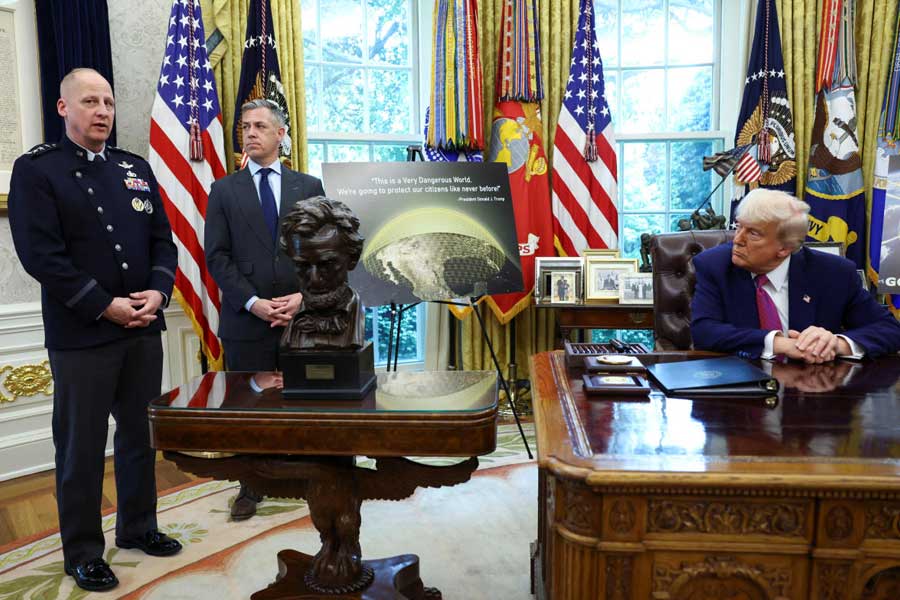 U.S. Space Force Vice Chief of Space Operations General Michael Guetlein speaks as U.S. President Donald Trump makes an announcement regarding the Golden Dome missile defense shield in the Oval Office of the White House in Washington, D.C., U.S., May 20, 2025.