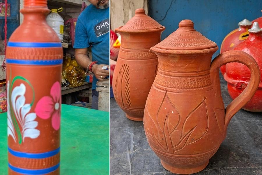 If you are looking for something to keep your water cool on the go, plastic bottles are definitely not an option and steel bottles are often too heavy to carry. You can get earthen 1l water bottles that are perfect on the go. If you want something with a design, it costs Rs 250, and if you want a plain bottle it is available for Rs 150. Jugs for serving water at a table hold around 2.5 litres and costs Rs 300-350