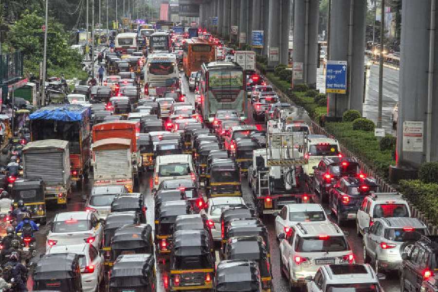 Heavy traffic jam on the Western Express Highway during rainfall, in Mumbai