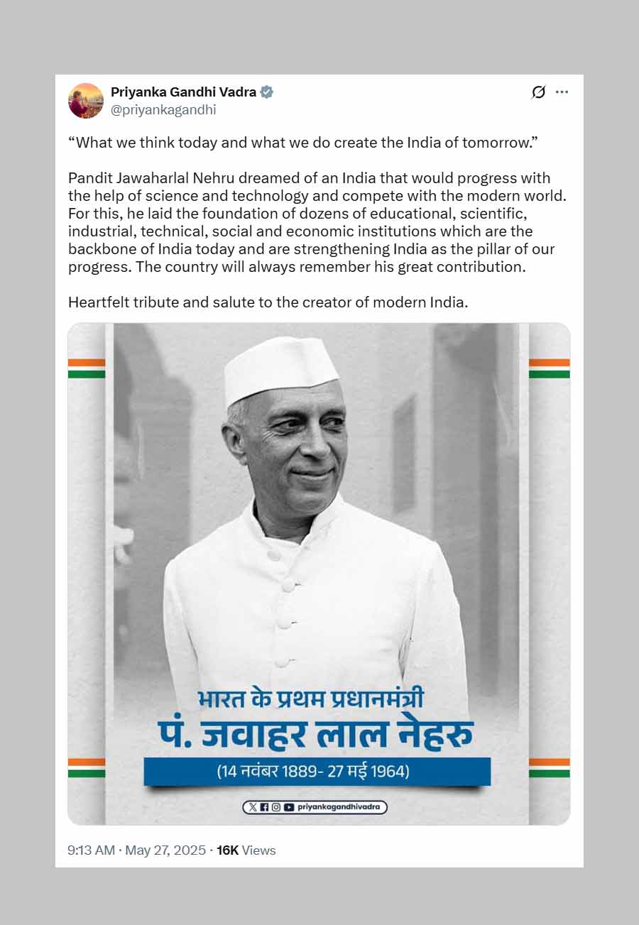 Priyanka Gandhi Vadra hails Nehru’s tech-driven vision for India 