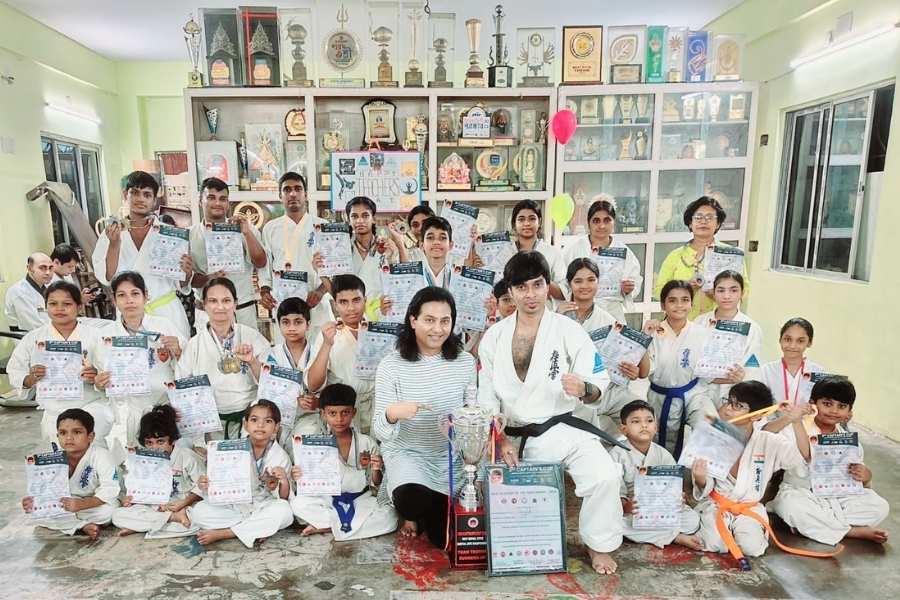 Sankhadeb Bhattacharya with his students at a dojo in Kolkata