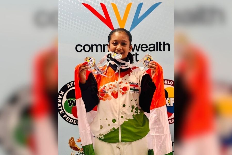 Bipasha Paul poses with her medal at Commonwealth Karate Championship