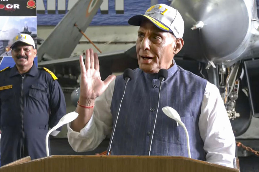 Union Defence Minister Rajnath Singh with Chief of the Naval Staff (CNS) Admiral Dinesh K Tripathi and others aboard aircraft carrier INS Vikrant.